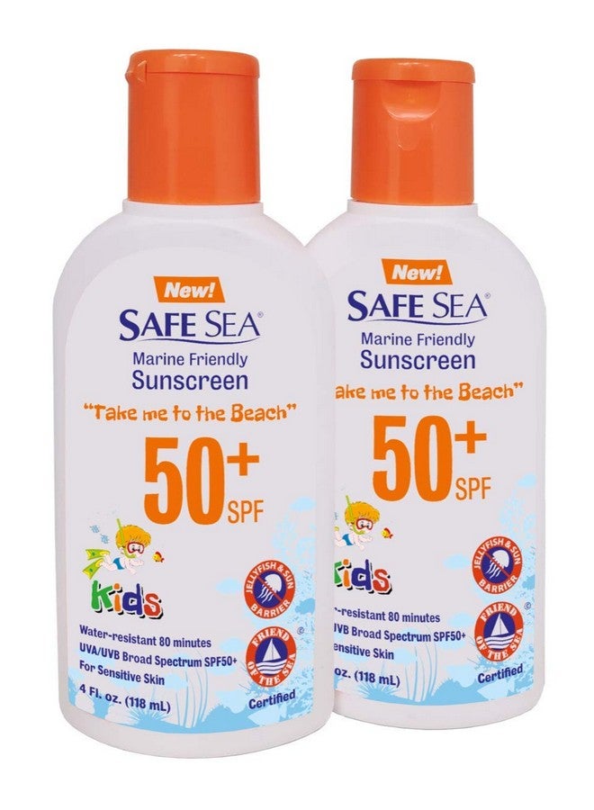 safe sea Spf50+ Kids Sunscreen Jellyfish And Sea Lice Protective Lotion. Very Water Resistant Sensitive Skin Reefsafe Sunscreen. Oxybenzone And Octinoxate Free Paraben Free 4 Fl. Oz. Pack Of 2 - Image 1