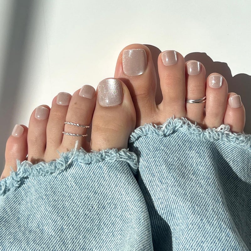 Glamnetic Press On Toenails - The Vow | Shimmery Nude Neutral Fake Toe Nails with a Velvet Finish | 16 Sizes - 32 Toe Nail Kit with Glue - Image 1