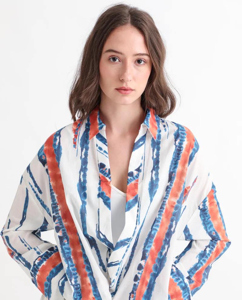 Rareism Women's Flat Placket Abstract Print Collared Top