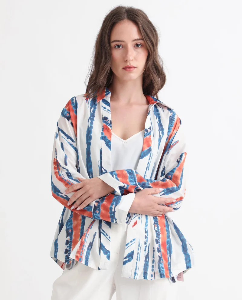 Rareism Women's Flat Placket Abstract Print Collared Top