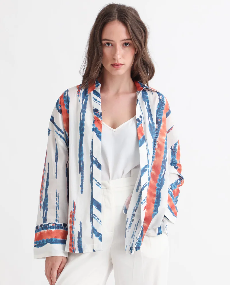 Rareism Women's Flat Placket Abstract Print Collared Top
