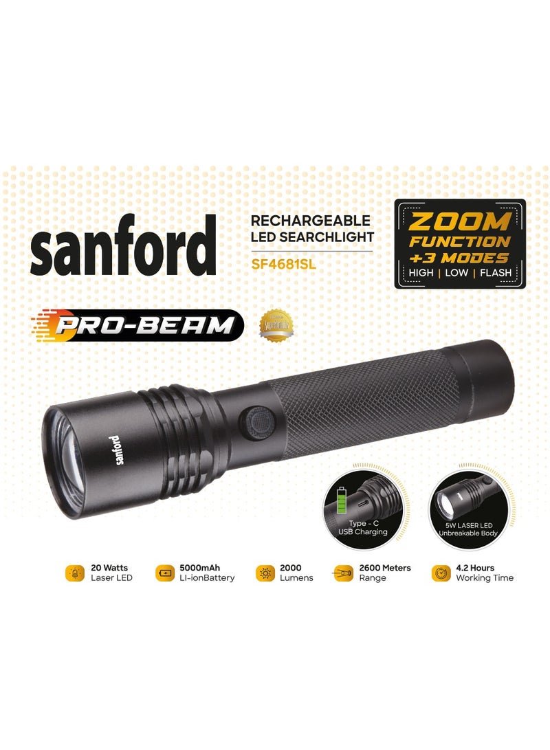 Sanford Rechargeable LED Searchlight, Pro-Beam, 20W Laser LED, 2000 Lumens, 2600m Range, 5000mAh Battery, Zoom Function, 3 Modes, USB-C Charging, Unbreakable - Image 4
