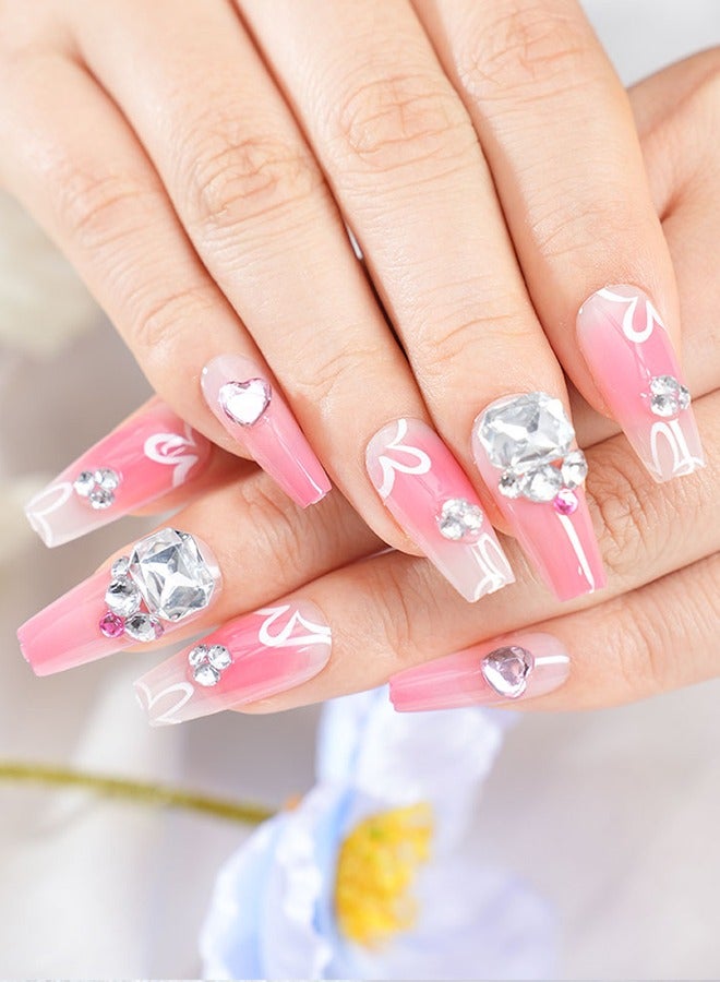 24 press-on nail art patches, with nail art tools, pink flower prints, diamonds, trapezoidal medium-length nails, slim fingertips, temperament and celebrity style, convenient patches, easy to remove without hurting the nail, health and safety - Image 1