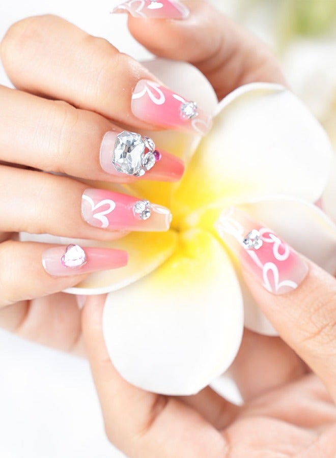 24 press-on nail art patches, with nail art tools, pink flower prints, diamonds, trapezoidal medium-length nails, slim fingertips, temperament and celebrity style, convenient patches, easy to remove without hurting the nail, health and safety - Image 2