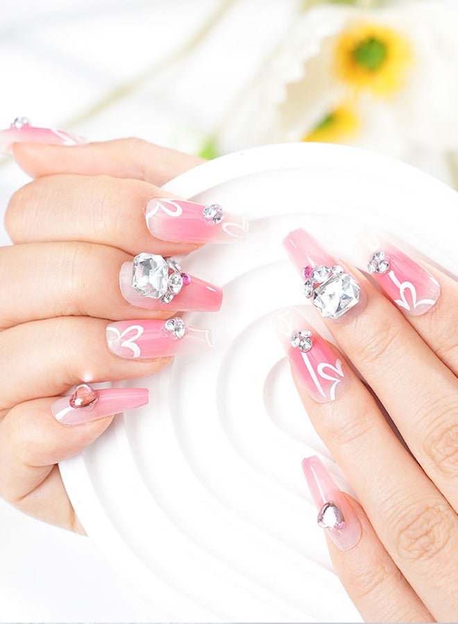 24 press-on nail art patches, with nail art tools, pink flower prints, diamonds, trapezoidal medium-length nails, slim fingertips, temperament and celebrity style, convenient patches, easy to remove without hurting the nail, health and safety - Image 3