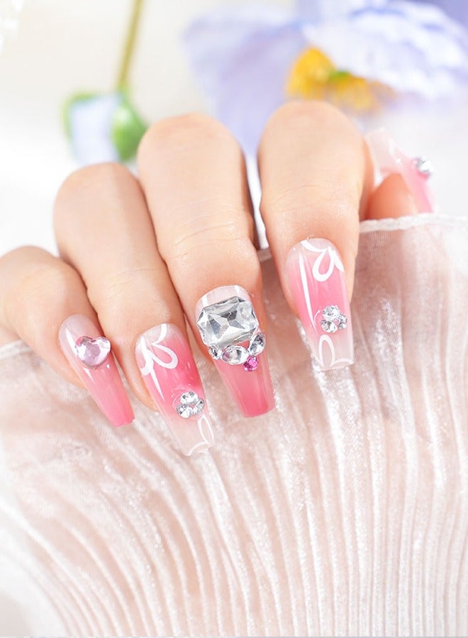 24 press-on nail art patches, with nail art tools, pink flower prints, diamonds, trapezoidal medium-length nails, slim fingertips, temperament and celebrity style, convenient patches, easy to remove without hurting the nail, health and safety - Image 4