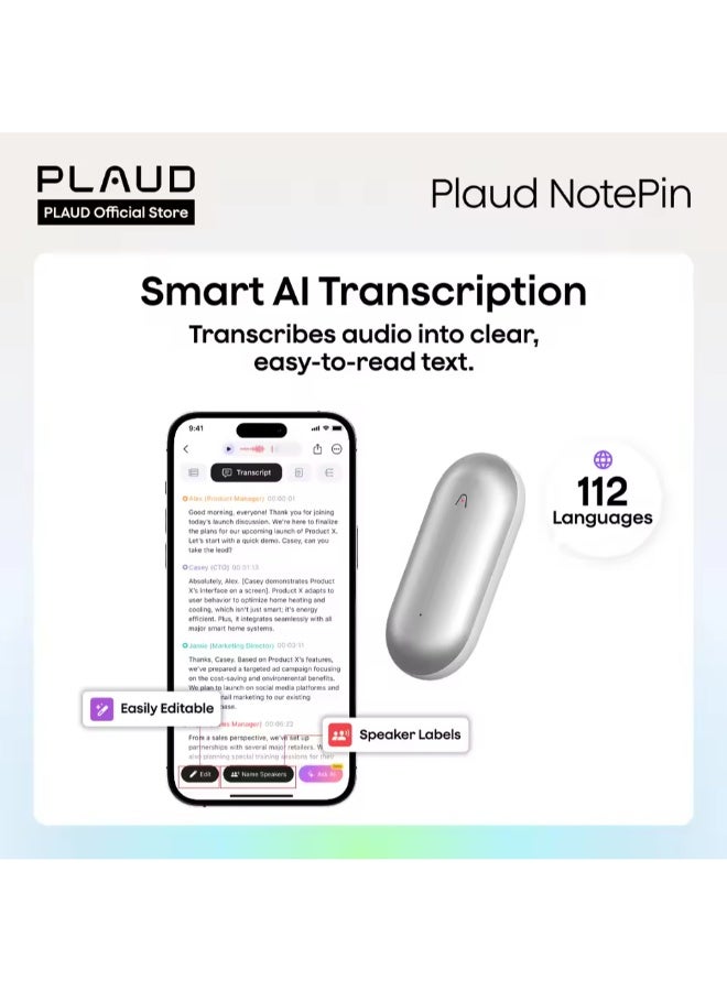 PLAUD مسجل صوتي ذكي قابل للارتداء NotePin، تحكم عبر التطبيق، نسخ وتلخيص مدعوم بتقنية ChatGPT - Image 3