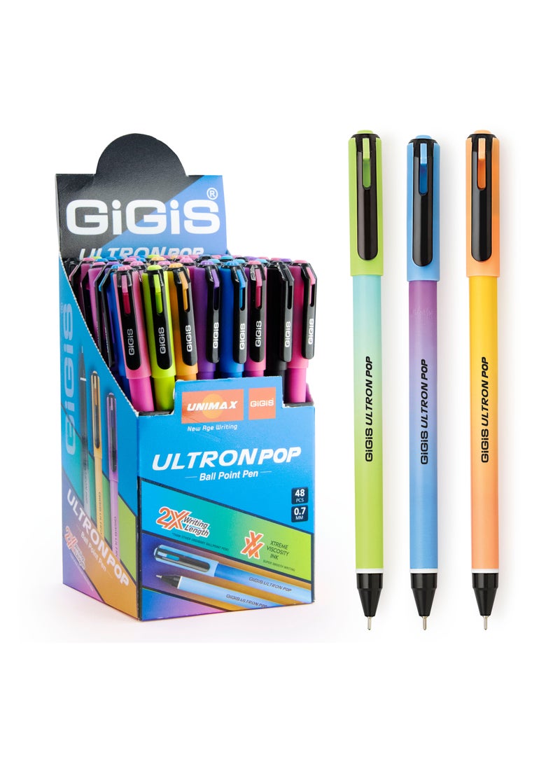 Gigis قلم حبر جاف UNIMAX Ultron 48 قطعة، رأس 0.7 مم، أزرق، قلم كتابة سلس للمكتب والمدرسة والمنزل - Image 1