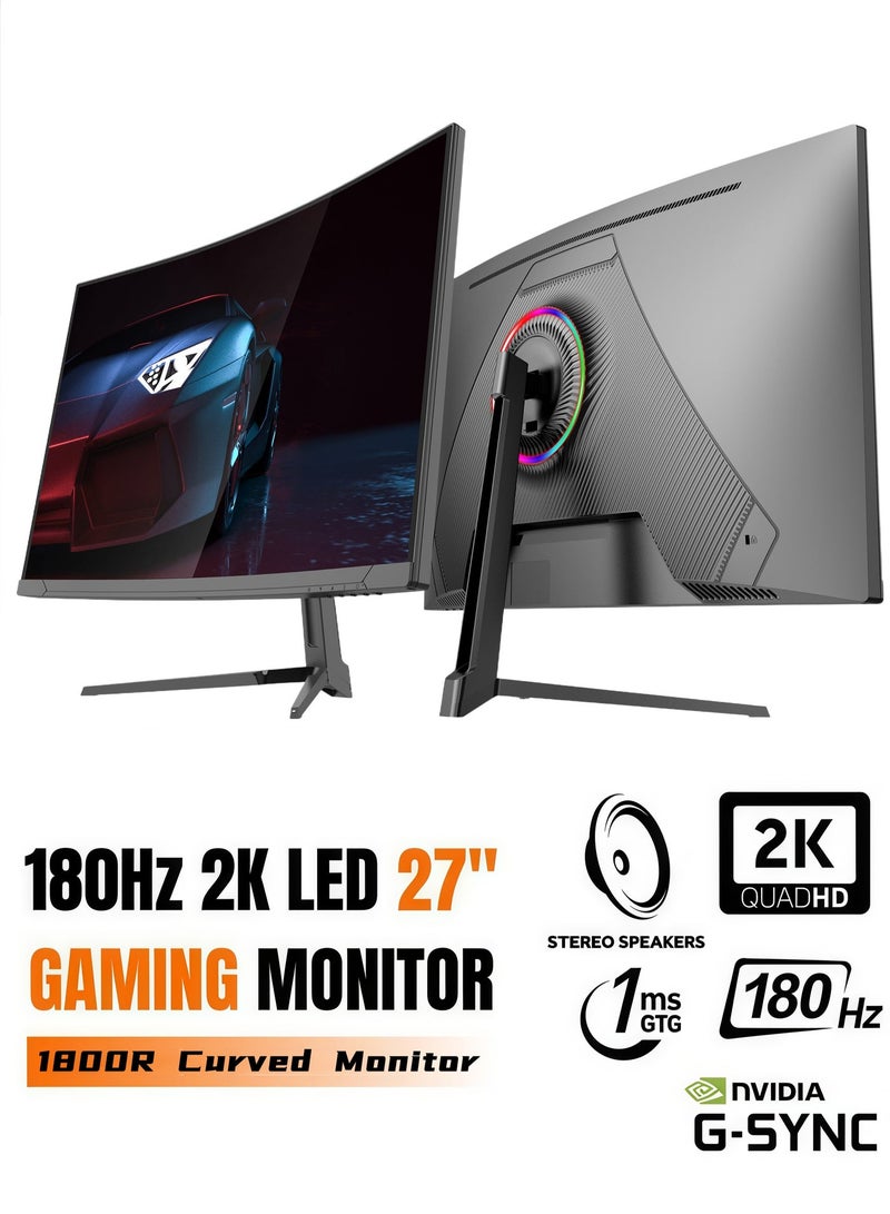 FlashHawk 27-inch Curved Gaming Monitor - QHD 2560x1440, 180Hz Refresh Rate, 1ms Response, RGB LED Backlight, Built-in 3W Speakers for Home & Office - Image 1