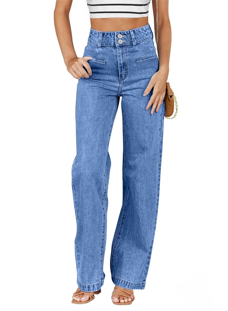 Sidefeel Women's Wide Leg Jeans High Waisted Straight Leg Stretchy Jeans Tummy Control Trendy Loose Ankle Denim Pants Sky Blue Size 2 - Image 1