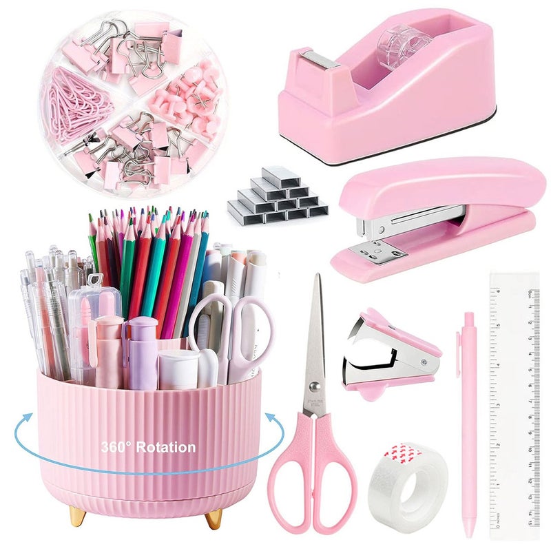 Li De Mei Rotating Pen Holder with Tape Dispenser, Stapler Remover, and Stapler - Desktop Office Organizer Set - Image 1