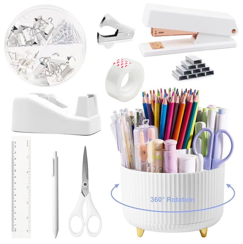Li De Mei Rotating Pen Holder with Tape Dispenser, Stapler Remover, and Stapler - Desktop Office Organizer Set - Image 3