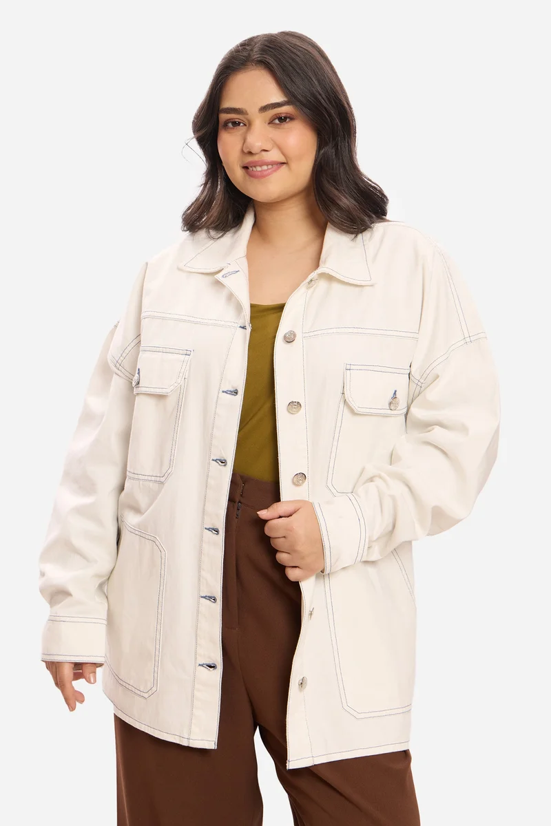فيرجيو Solid Cotton Denim Plus Size Jacket for Women