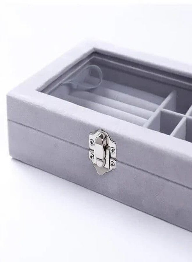 TTRCB Grey Velvet Jewellery Box with Lock and Transparent Lid portable jewellery organizer box for ring and earring storage showcase for women and girl(1pcs) - Image 5