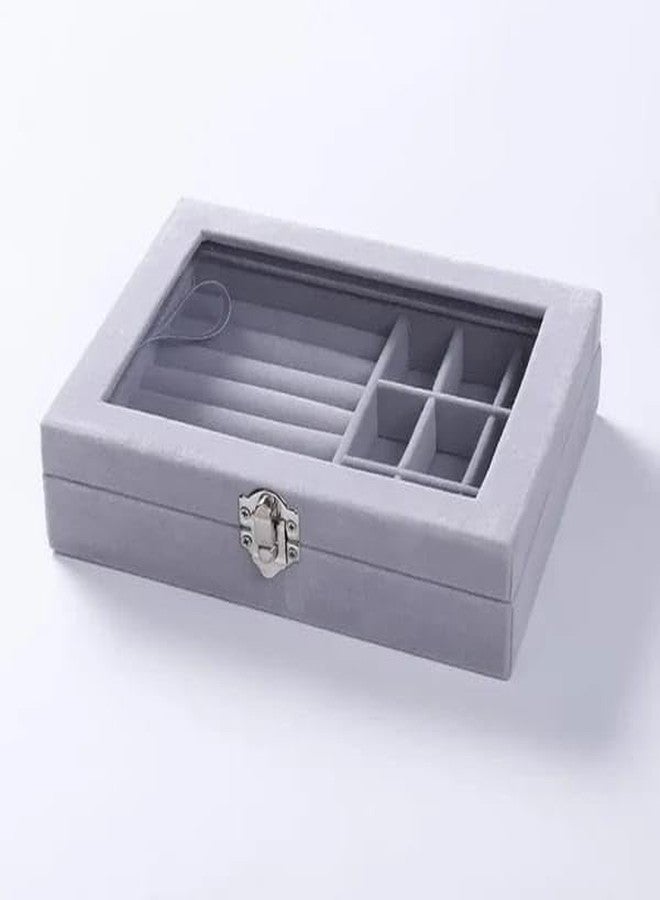 TTRCB Grey Velvet Jewellery Box with Lock and Transparent Lid portable jewellery organizer box for ring and earring storage showcase for women and girl(1pcs) - Image 1