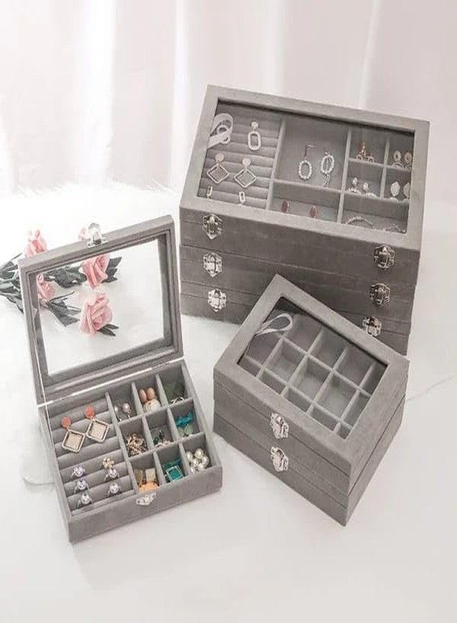 TTRCB Grey Velvet Jewellery Box with Lock and Transparent Lid portable jewellery organizer box for ring and earring storage showcase for women and girl(1pcs) - Image 4