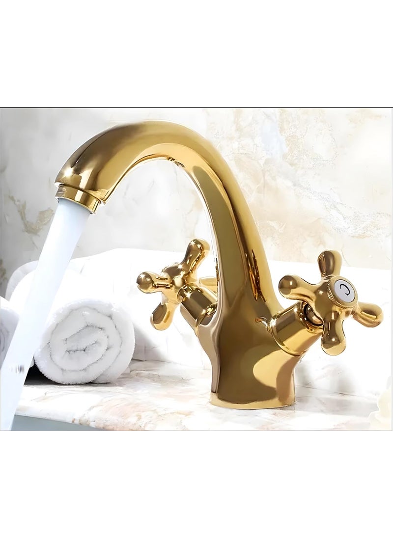 24x7 eMall - 24x7 eMall Gold Faucet Tap Mixer Hot and Cold Water Traditional Collection Zinc Heavy Knob Basin Mixer 6 inches with Connector Pipes and Ceramic Cartridge - Image 1