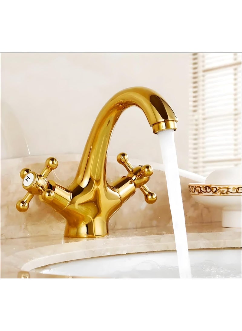 24x7 eMall - 24x7 eMall Gold Faucet Tap Mixer Hot and Cold Water Traditional Collection Zinc Heavy Knob Basin Mixer 6 inches with Connector Pipes and Ceramic Cartridge - Image 1