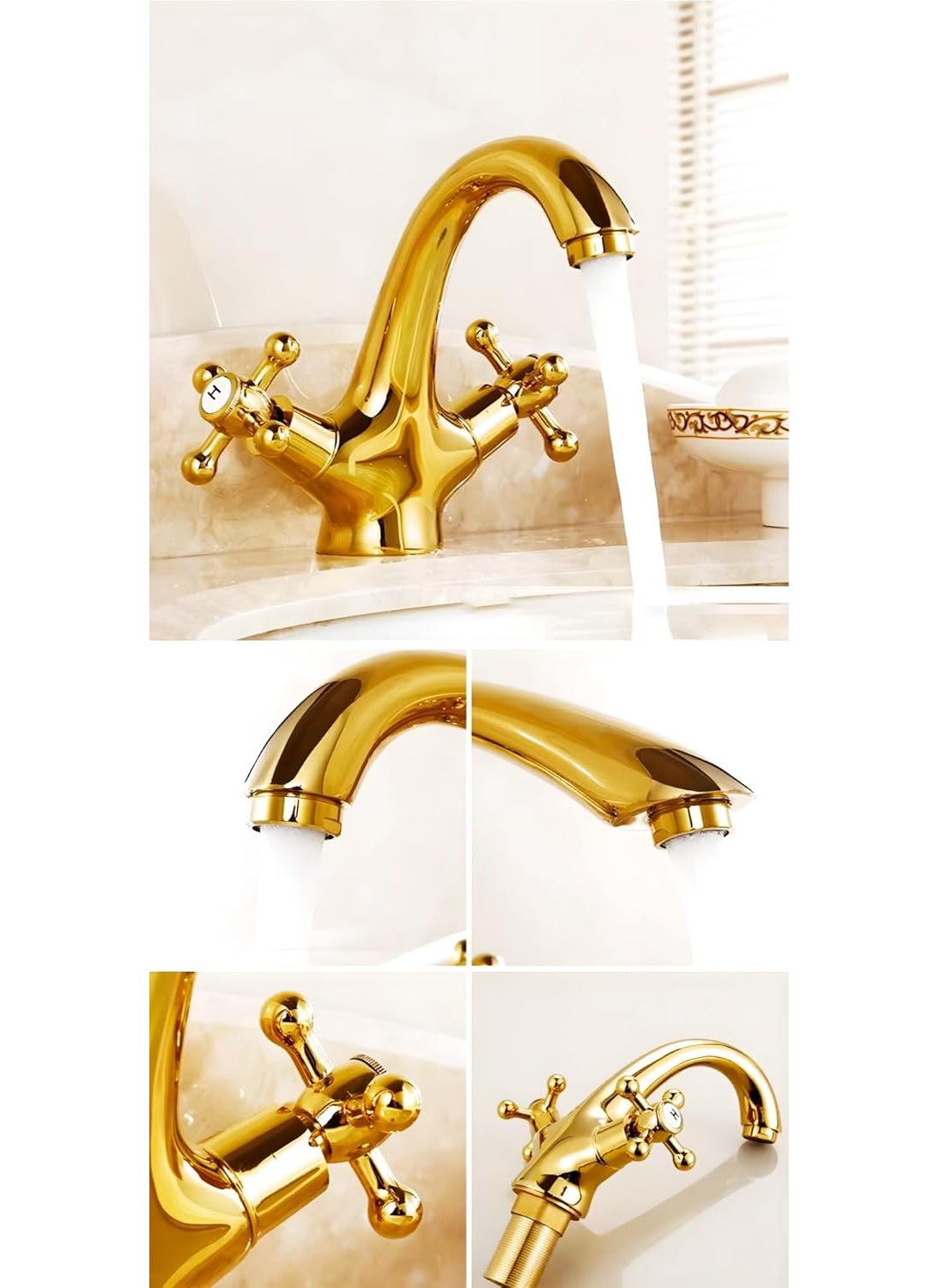 24x7 eMall - 24x7 eMall Gold Faucet Tap Mixer Hot and Cold Water Traditional Collection Zinc Heavy Knob Basin Mixer 6 inches with Connector Pipes and Ceramic Cartridge - Image 1