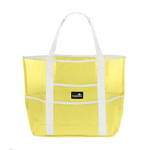 Dejaroo - Sand Free Mesh Bag - Strong Lightweight Tote For Beach & Vacation Essentials. Tons of Storage with 8 Pockets, Foldable, 17x9x15 inches, Yellow with White Straps - Image 1