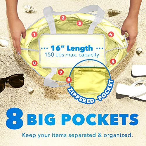 Dejaroo - Sand Free Mesh Bag - Strong Lightweight Tote For Beach & Vacation Essentials. Tons of Storage with 8 Pockets, Foldable, 17x9x15 inches, Yellow with White Straps - Image 3