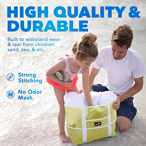 Dejaroo - Sand Free Mesh Bag - Strong Lightweight Tote For Beach & Vacation Essentials. Tons of Storage with 8 Pockets, Foldable, 17x9x15 inches, Yellow with White Straps - Image 5