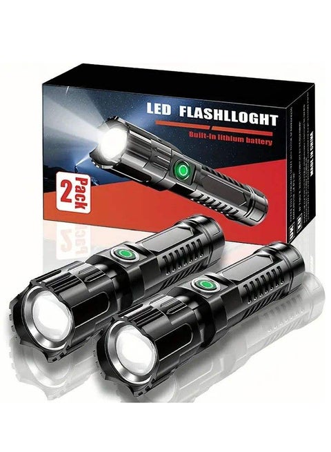 2Pack Super Bright Flashlight, Rechargeable Telescopic Zoom Wide Beam Handheld Emergency Illumination Flashlight, Small LED Flash Light for Outdoor, Exploration, Work Lighting, Black