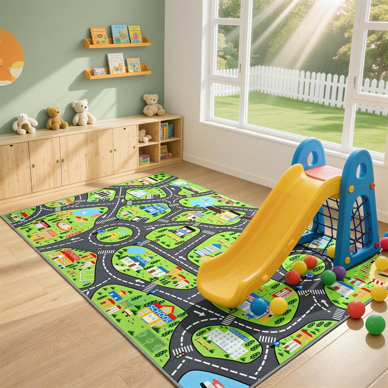 B BENRON Kids Car Play Rugs - 36"x60" Learning and Fun City Road Map Play Mat for Playing with Cars Trucks, Non-Slip Playmat for Nursery, Playroom Bedroom and Classroom, Machine Washable - Image 3