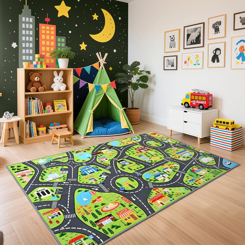 B BENRON Kids Car Play Rugs - 36"x60" Learning and Fun City Road Map Play Mat for Playing with Cars Trucks, Non-Slip Playmat for Nursery, Playroom Bedroom and Classroom, Machine Washable - Image 1