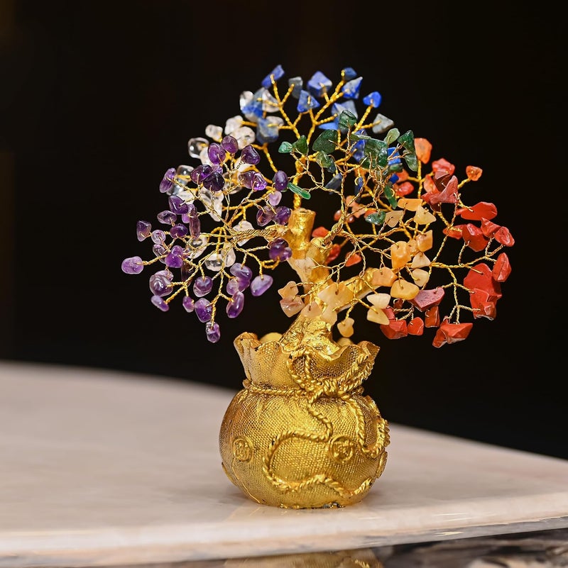 HindCraft Lucky Feng Shui 7 Chakra Tree of Life Bonsai Crystal Ornaments for Prosperity Success and Emotional Balance for Couple Home Decor7 X 3 Inch - Image 1