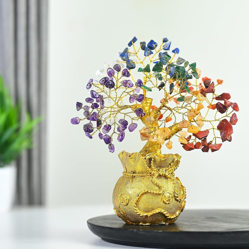 HindCraft Lucky Feng Shui 7 Chakra Tree of Life Bonsai Crystal Ornaments for Prosperity Success and Emotional Balance for Couple Home Decor7 X 3 Inch - Image 5