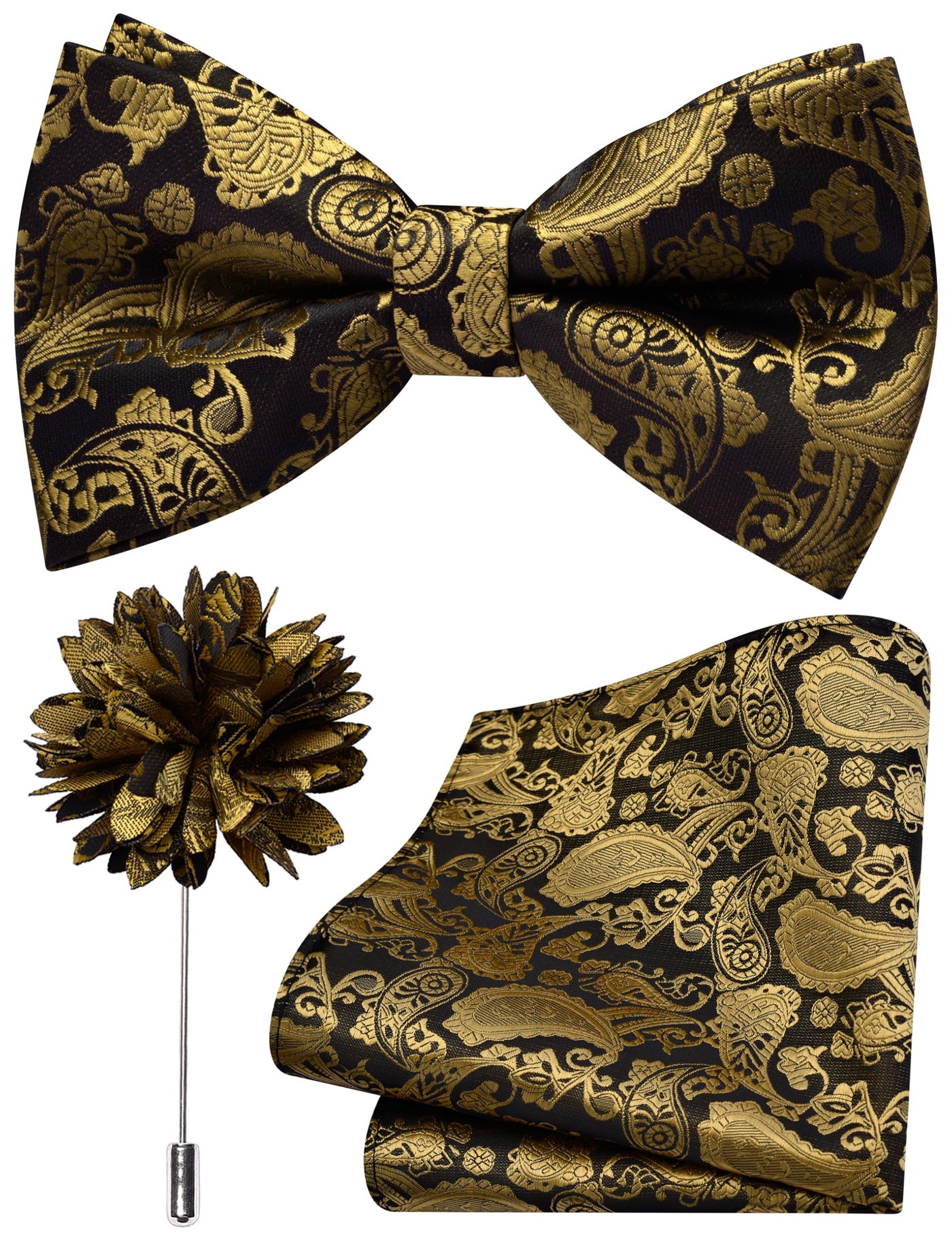 Branduce Paisley Black Gold Bow Tie Set for Men Wedding Silk Bowties Pocket Square and Lapel Pin Brooch Set (BB11-44)