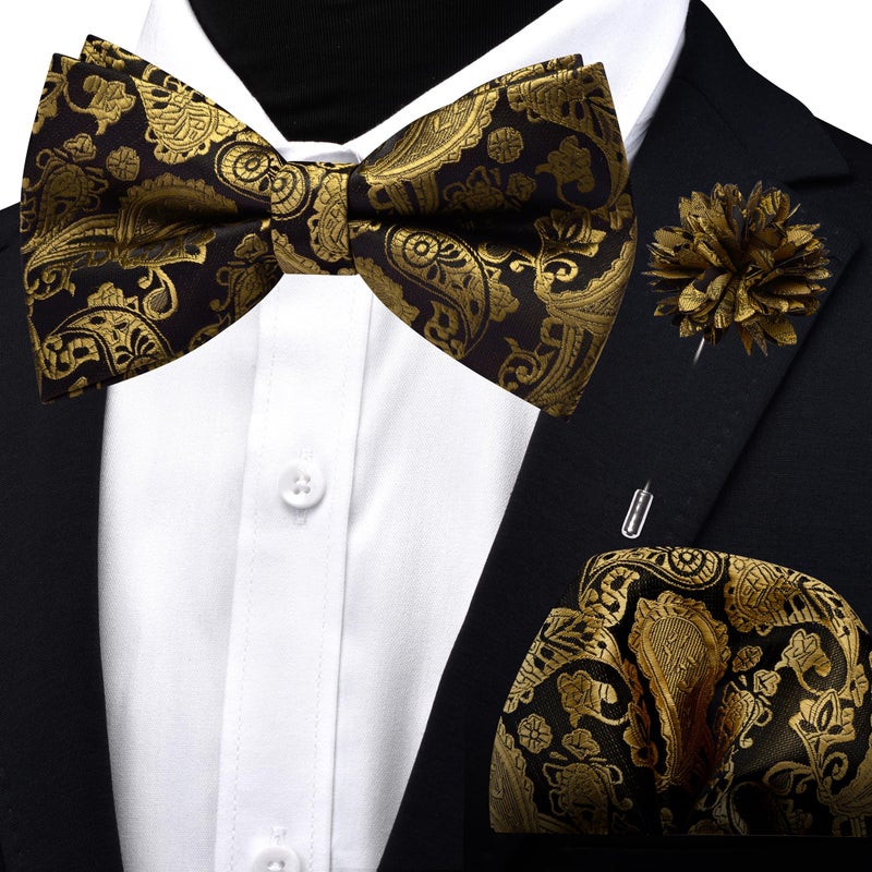 Branduce Paisley Black Gold Bow Tie Set for Men Wedding Silk Bowties Pocket Square and Lapel Pin Brooch Set (BB11-44) - Image 2