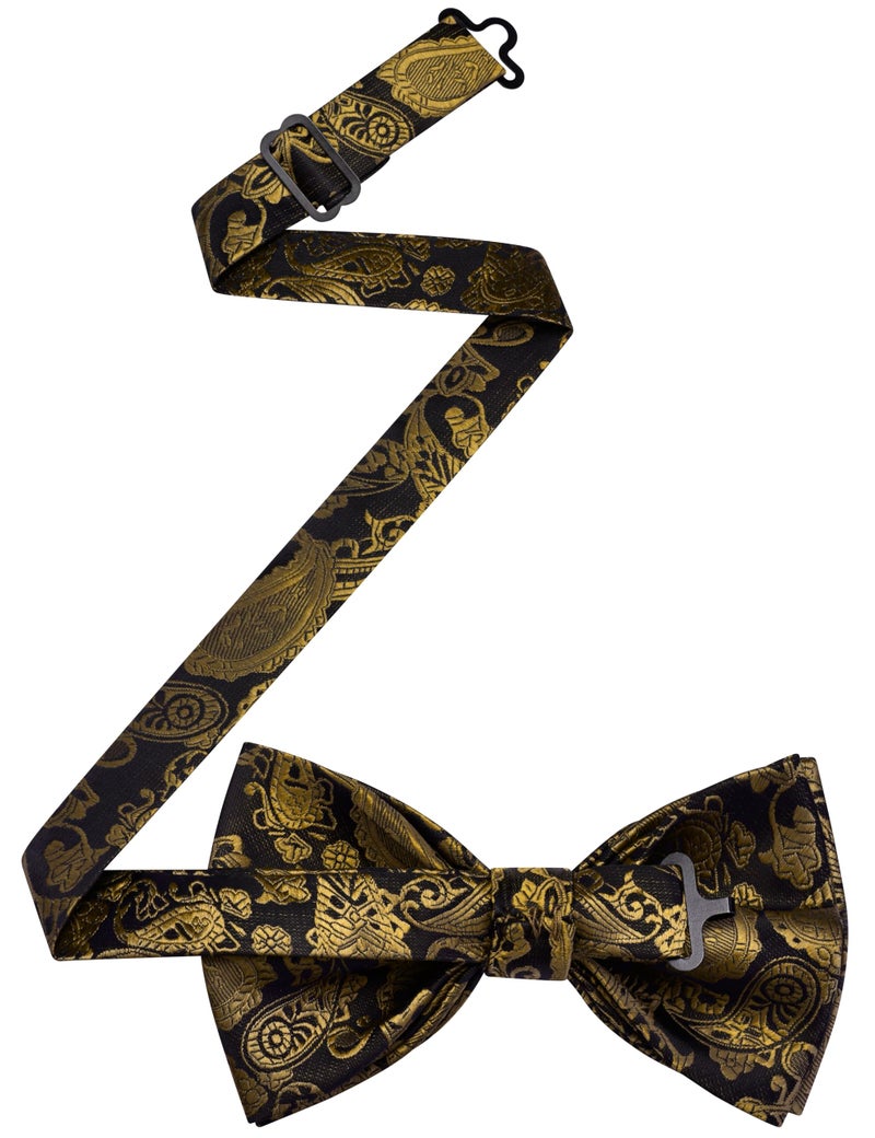 Branduce Paisley Black Gold Bow Tie Set for Men Wedding Silk Bowties Pocket Square and Lapel Pin Brooch Set (BB11-44) - Image 3