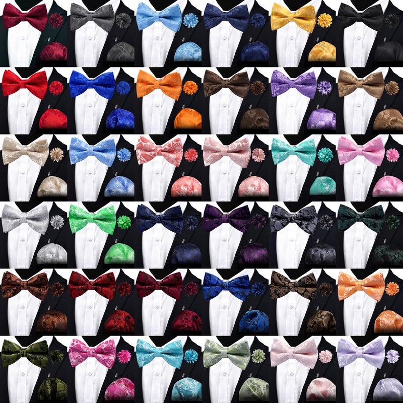 Branduce Paisley Black Gold Bow Tie Set for Men Wedding Silk Bowties Pocket Square and Lapel Pin Brooch Set (BB11-44) - Image 4