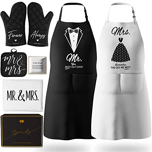 CITTA Mr and Mrs Aprons for Couples Gifts - Anniversary, Bridal Shower, Wedding, Engagement gifts for Couples, Christmas Gifts for Couple, His and Her Gifts, 8 Pack Kitchen Cooking Apron Gift Set - Image 1