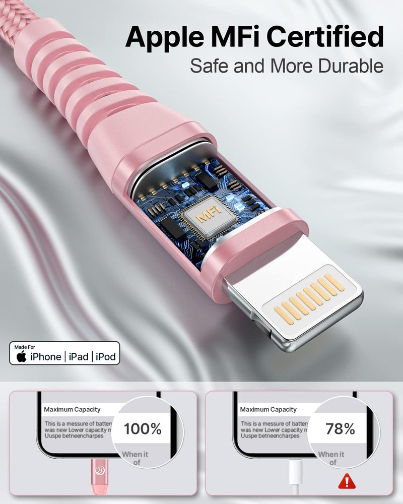 Aioneus iPhone Charger 10 ft 2Pack, (Apple Certified) Lightning Cable 10 Foot Nylon Braided Fast Charging Extra Long 10ft iPhone Cord Compatible with iPhone 13 12 11 XS XR 10 8 7 6 Plus - Pink - Image 2