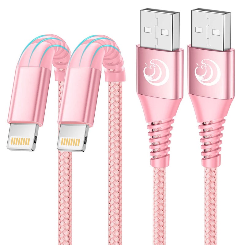 Aioneus iPhone Charger 10 ft 2Pack, (Apple Certified) Lightning Cable 10 Foot Nylon Braided Fast Charging Extra Long 10ft iPhone Cord Compatible with iPhone 13 12 11 XS XR 10 8 7 6 Plus - Pink - Image 1