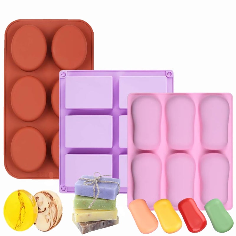HUSAINI MART 6 Cavity Oval SOAP MOUKD 2 Designs with 6 Cavity Rectangle SOAP BAR Mould DIY Baking Cake Decorating Cupcakes Brownie Muffin Sweet Dish Multicolored Pack of 3