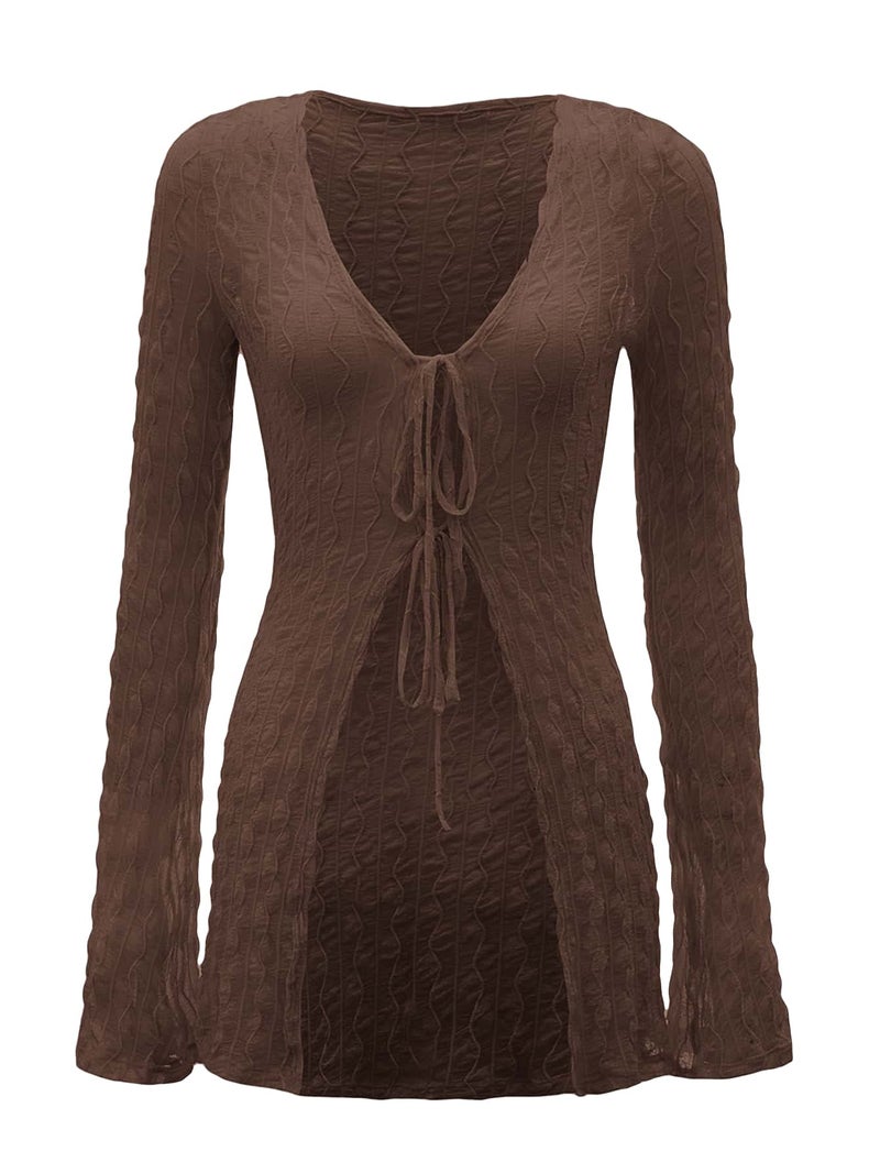 Verdusa Womens Bell Long Sleeve Tops Tie Front Cardigan Sheer Lightweight Bolero Shrug Y2k Going Out Chocolate Brown Small - Image 1