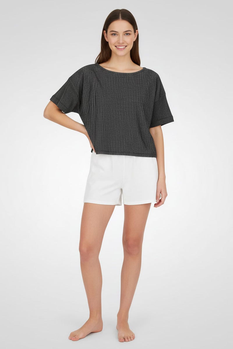 UNDIZ Women Micro Stripe Short Sleeve Sleepwear Top, Black - Image 1