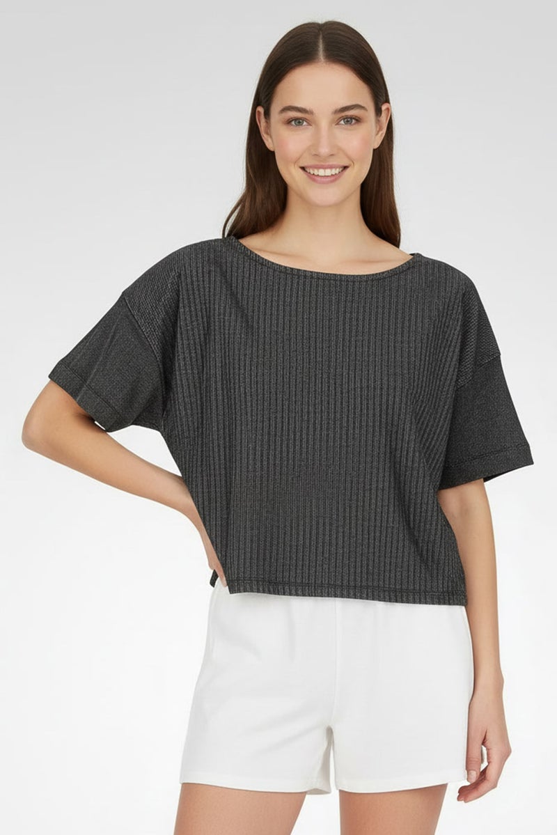 UNDIZ Women Micro Stripe Short Sleeve Sleepwear Top, Black - Image 5