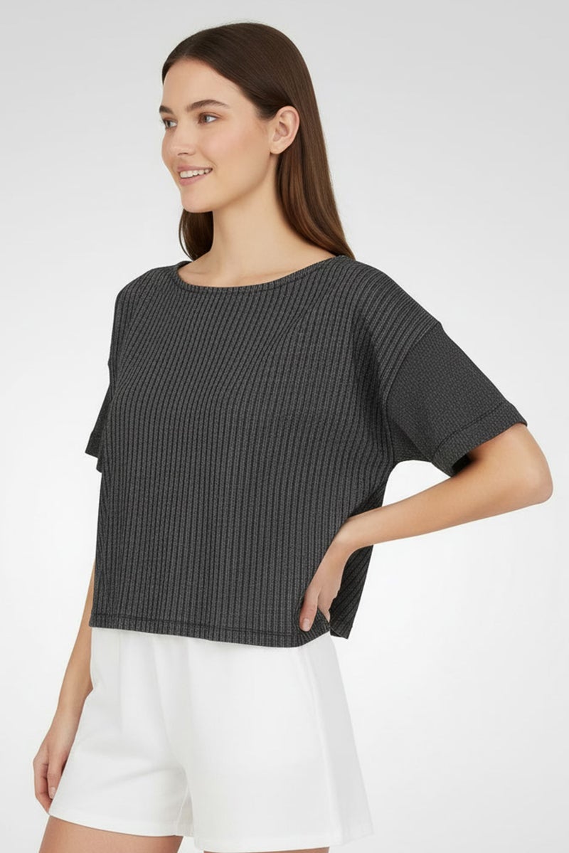 UNDIZ Women Micro Stripe Short Sleeve Sleepwear Top, Black - Image 2