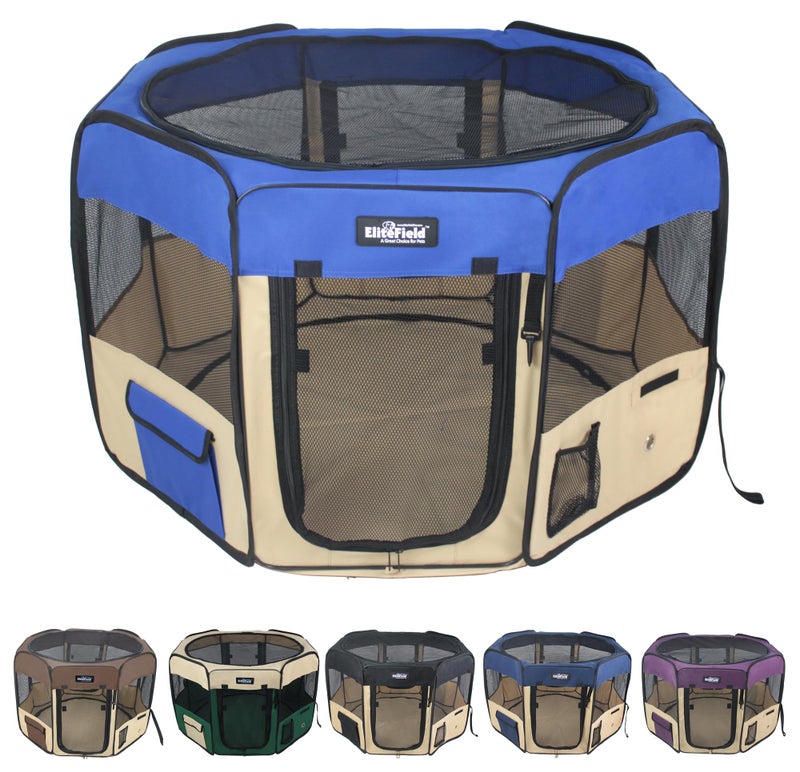 EliteField 2Door Soft Pet Playpen 2 Year Warranty Exercise Pen Multiple Sizes and Colors Available for Dogs Cats and Other Pets 30 x 30 x 20H Royal BlueBeige