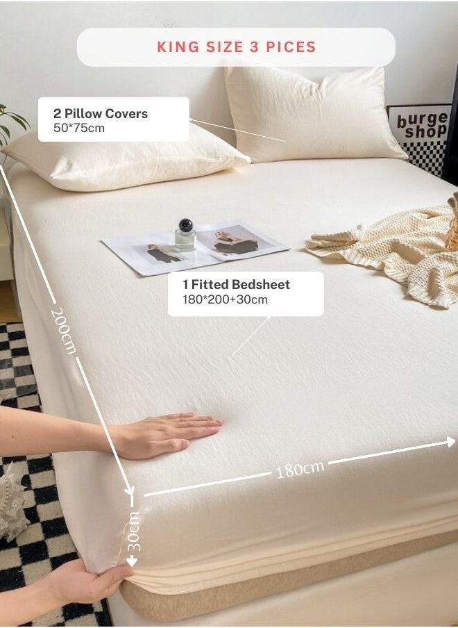LUNA Home 3-Piece Set: king-size fitted bedsheet and two pillowcases, washable cotton in a milky white color.  - Image 2