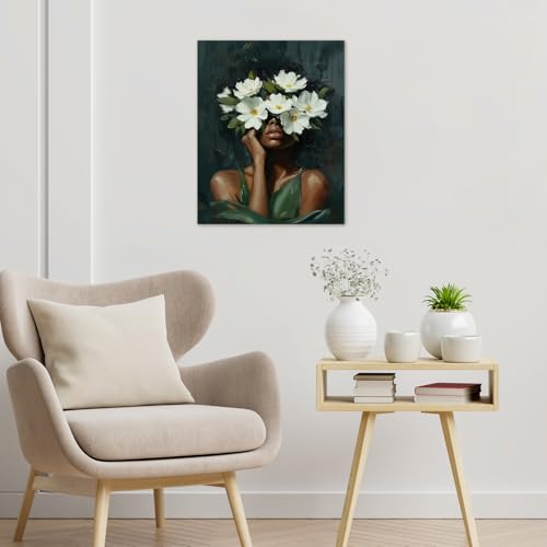 HVEST African American Women Wall Art Black Girl and White Floral on Green Abstract Canvas Wall Art Modern Aesthetic Black Woman Wall Decor for Bedroom Living Room Dorm Bathroom Decor,16L X 12W inches - Image 4
