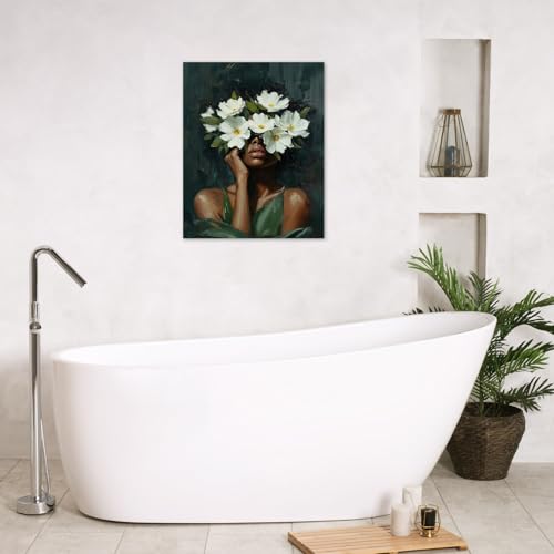 HVEST African American Women Wall Art Black Girl and White Floral on Green Abstract Canvas Wall Art Modern Aesthetic Black Woman Wall Decor for Bedroom Living Room Dorm Bathroom Decor,16L X 12W inches - Image 2