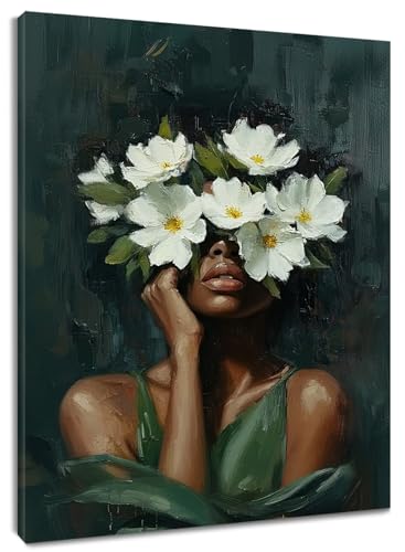 HVEST African American Women Wall Art Black Girl and White Floral on Green Abstract Canvas Wall Art Modern Aesthetic Black Woman Wall Decor for Bedroom Living Room Dorm Bathroom Decor,16L X 12W inches - Image 1