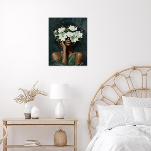 HVEST African American Women Wall Art Black Girl and White Floral on Green Abstract Canvas Wall Art Modern Aesthetic Black Woman Wall Decor for Bedroom Living Room Dorm Bathroom Decor,16L X 12W inches - Image 5