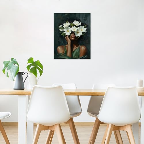 HVEST African American Women Wall Art Black Girl and White Floral on Green Abstract Canvas Wall Art Modern Aesthetic Black Woman Wall Decor for Bedroom Living Room Dorm Bathroom Decor,16L X 12W inches - Image 3